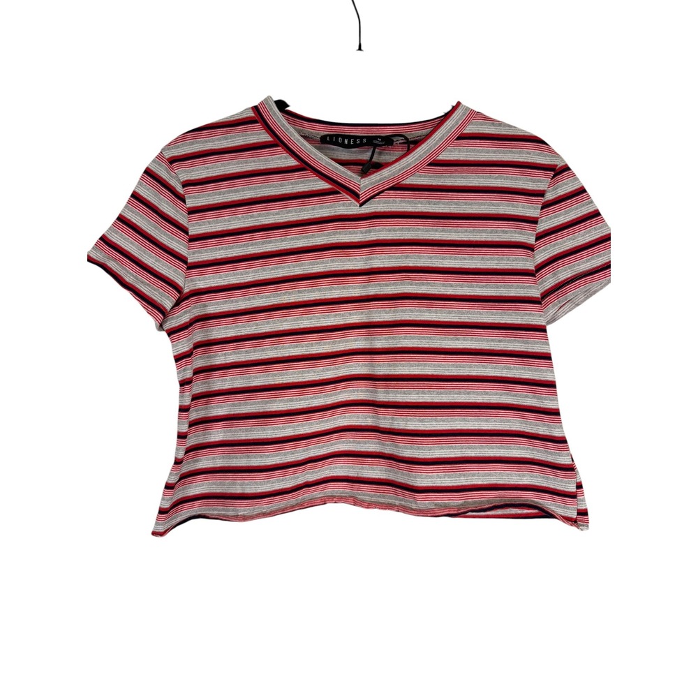 Lioness Red White Blue Striped V-Neck Crop Top Short Sleeve Tee Size M
